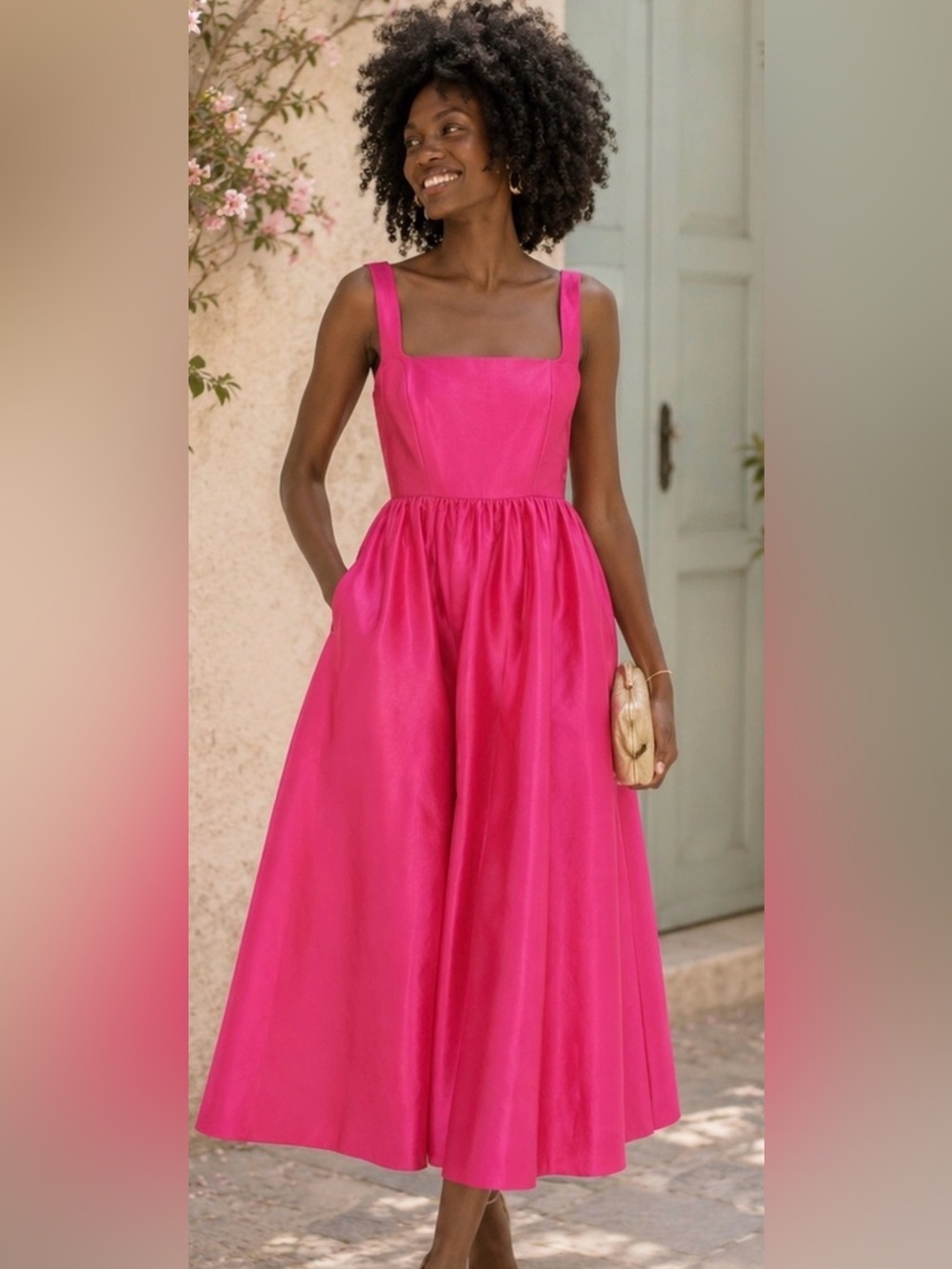 Tuckernuck Hot Pink Dupioni Square Neck Satin Gown